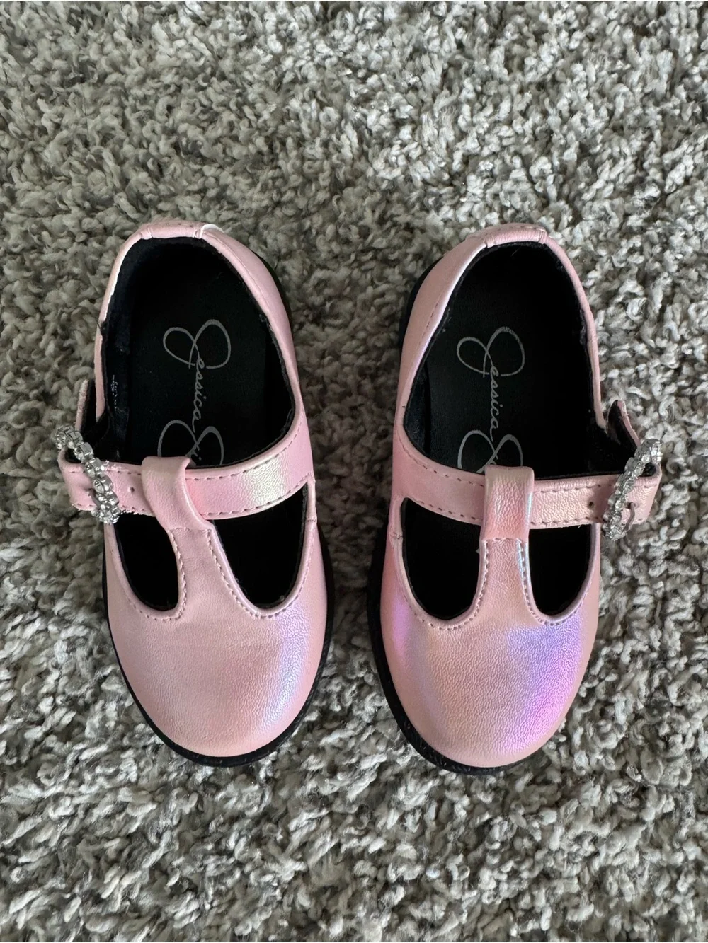 Girls Pink T-Strap Mary Jane Shoes with Rhinestone Buckle